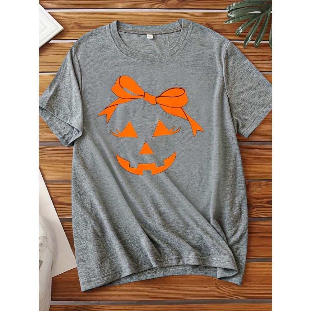 Plus Size - Women'S Plus Size Halloween T-Shirt - Casual Crew Neck Short Sleeve with Jack-O'-Lantern Print, Black, 1-8XL, All-Season Comfort, Halloween Clothing | Halloween Apparel | Stretchable Fabric